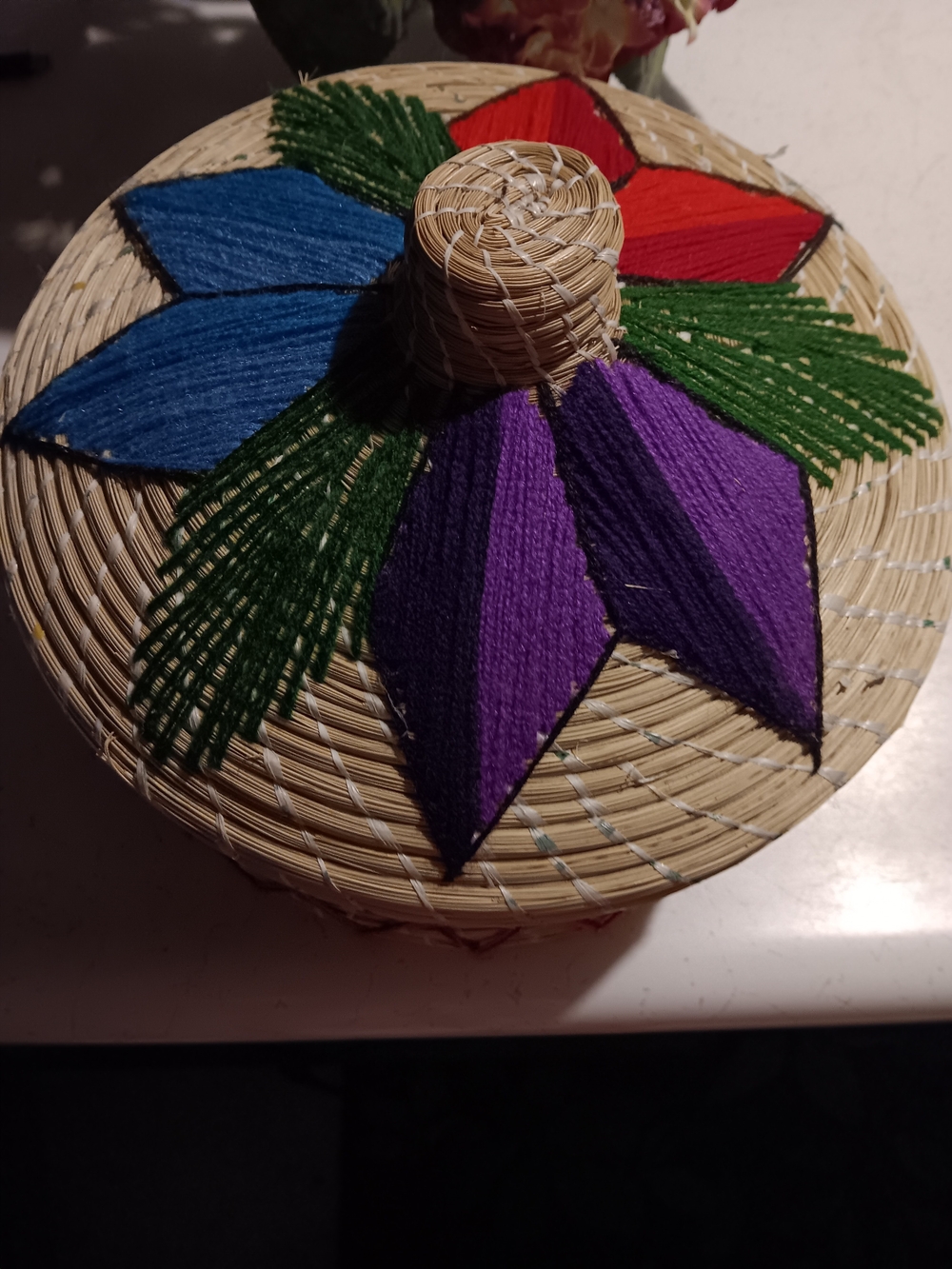 Handwoven Straw Decorative Lidded Basket - Multicolor